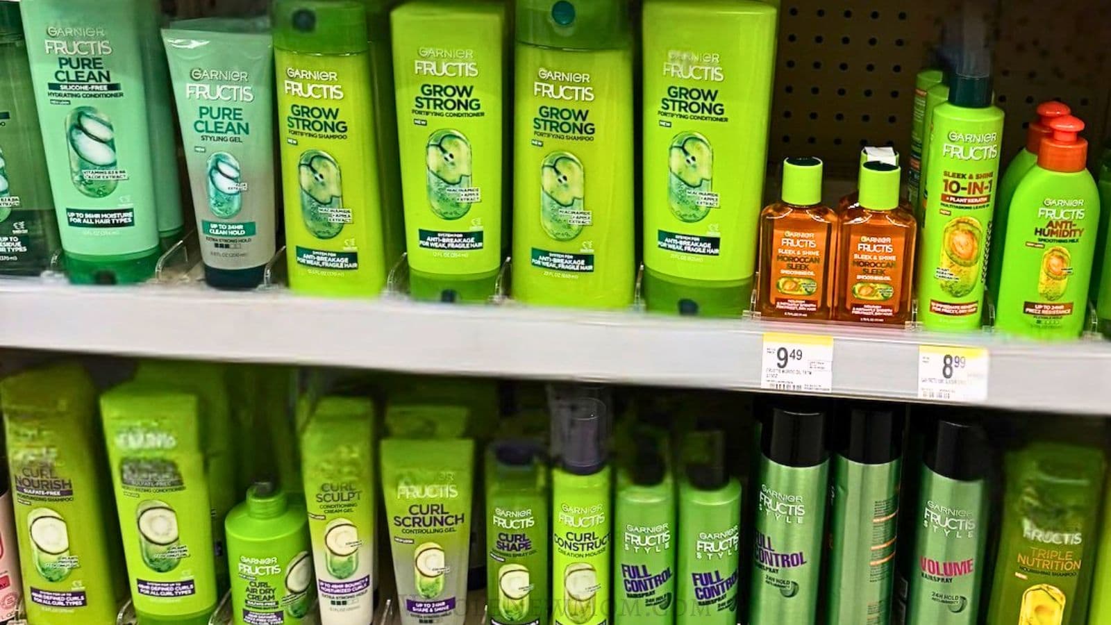 drugstore shampoos on store shelf showing common hair care products with potentially harmful ingredients.