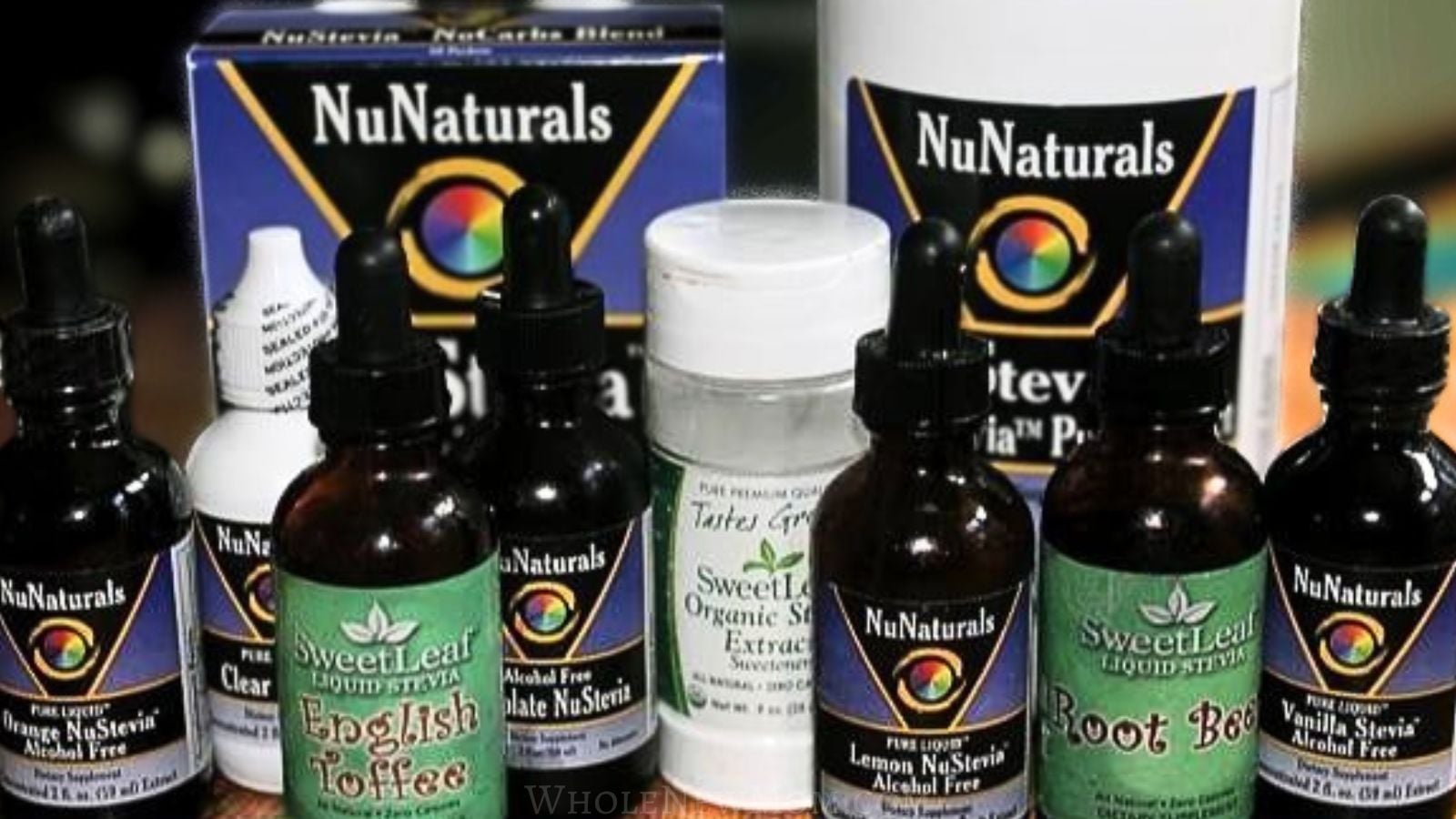 assorted stevia products including liquid and powdered stevia sweeteners