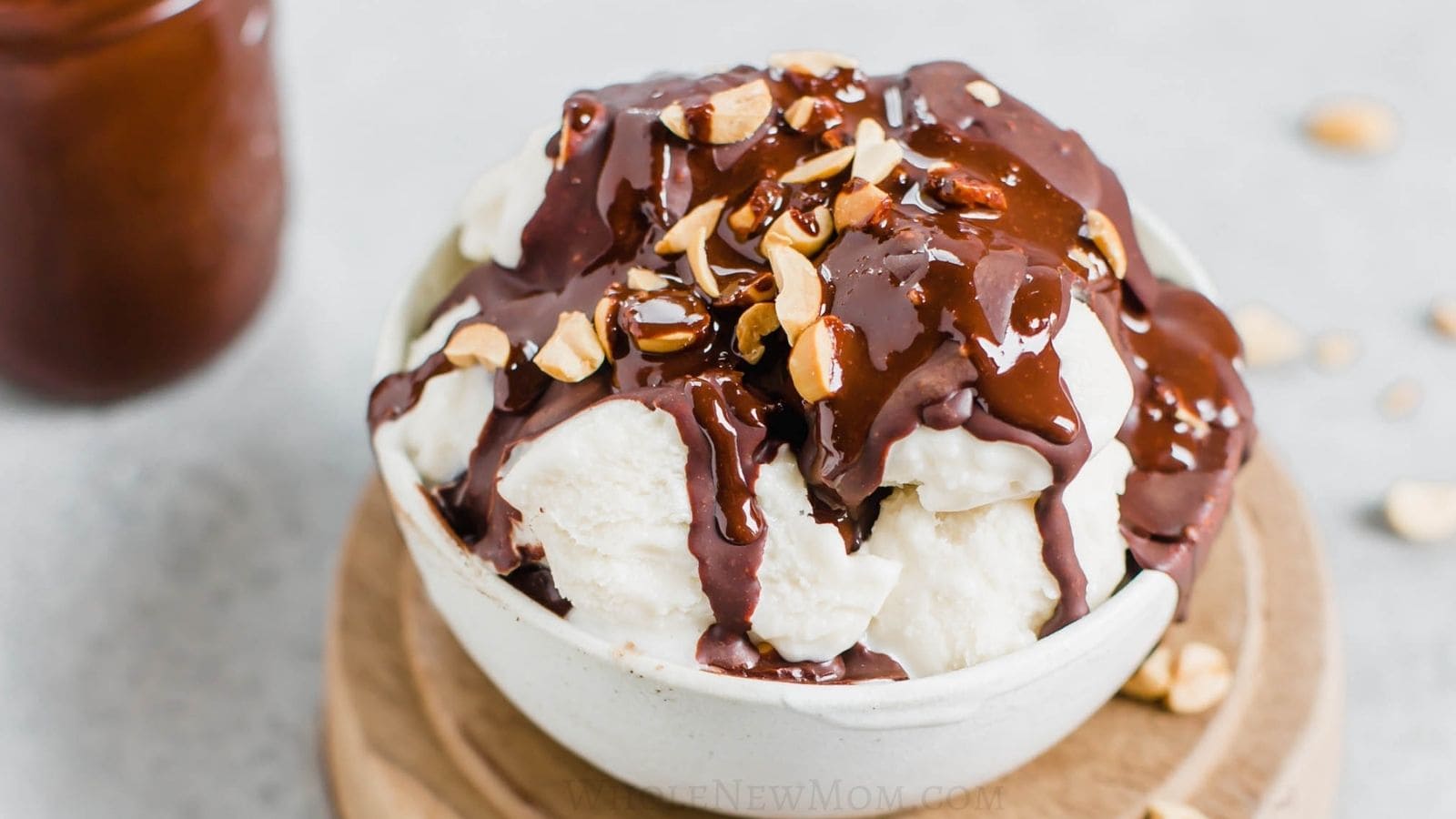sugar free chocolate magic shell on ice cream with peanuts.
