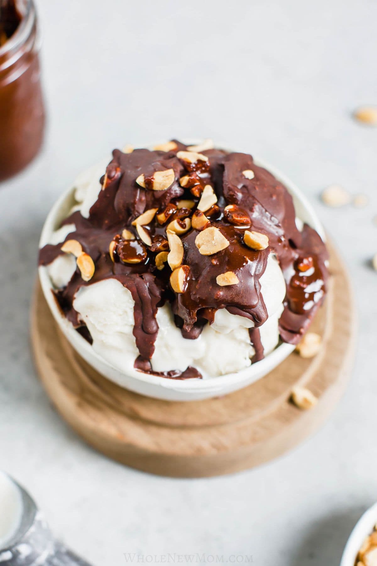 sugar free magic shell and peanuts on vanilla ice cream.