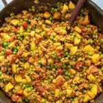 ground beef curry in pan.
