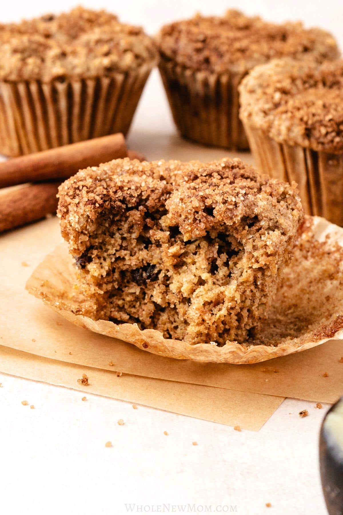 healthy bran muffin broken open.