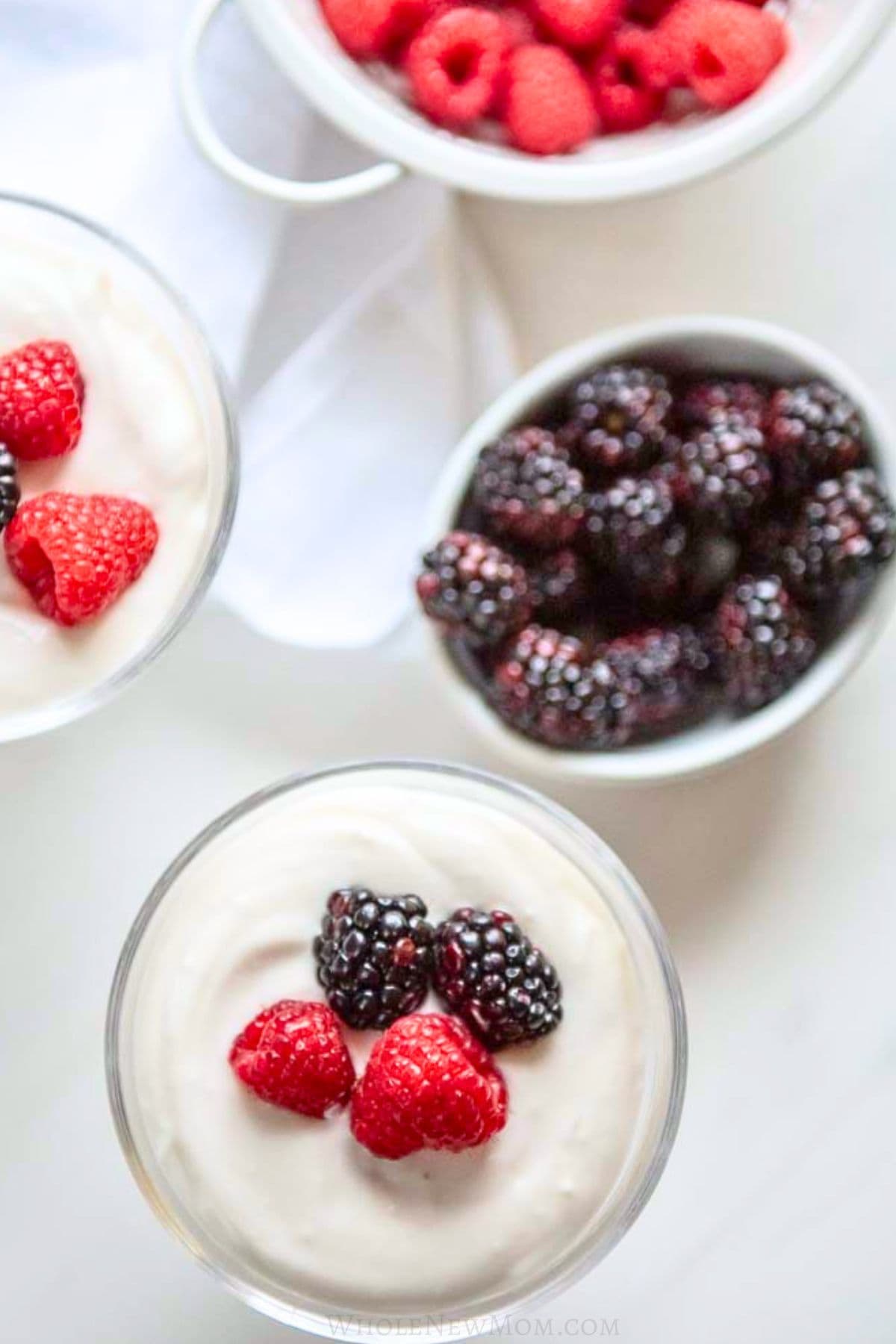 sugar free coconut pudding in dessert cups with berries.