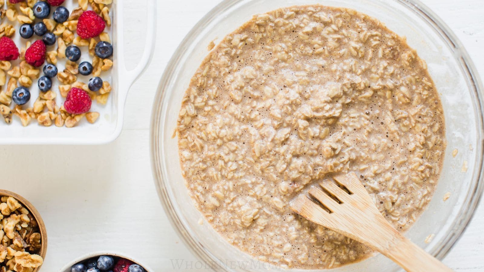 soaking oatmeal in glass bowl for baked oatmeal.