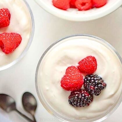sugar free coconut pudding in dessert dish with berries.