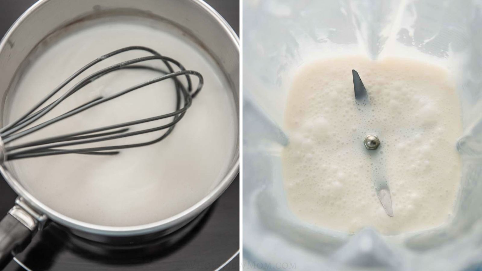whisking coconut milk and gelatin in a saucepan to dissolve and heat and then blending for coconut pudding.