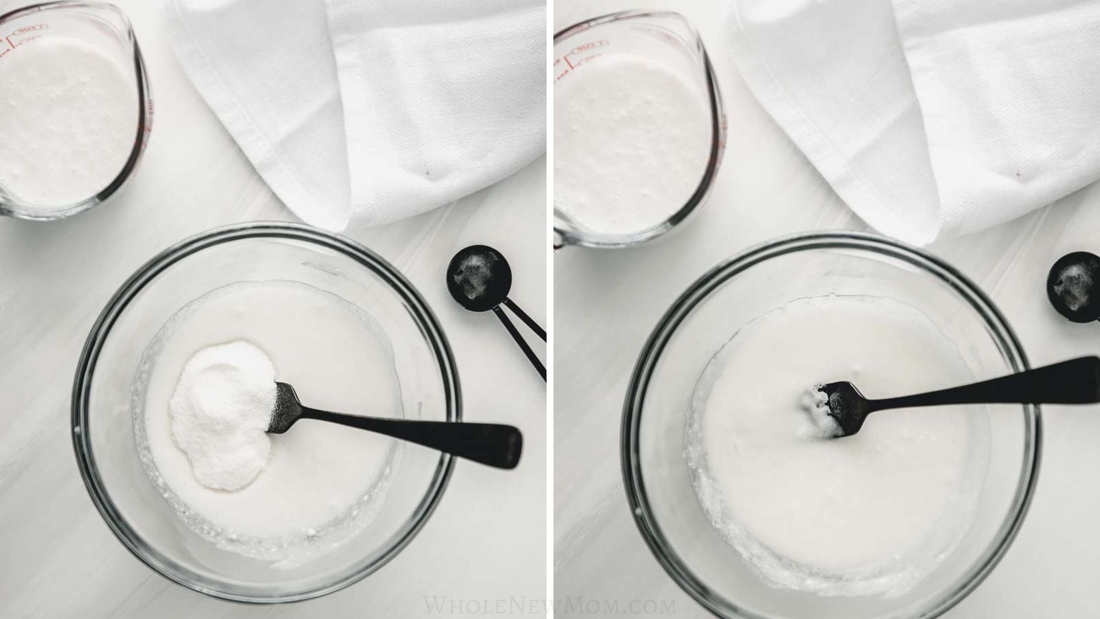 blooming gelatin in coconut milk in a glass bowl before making coconut pudding