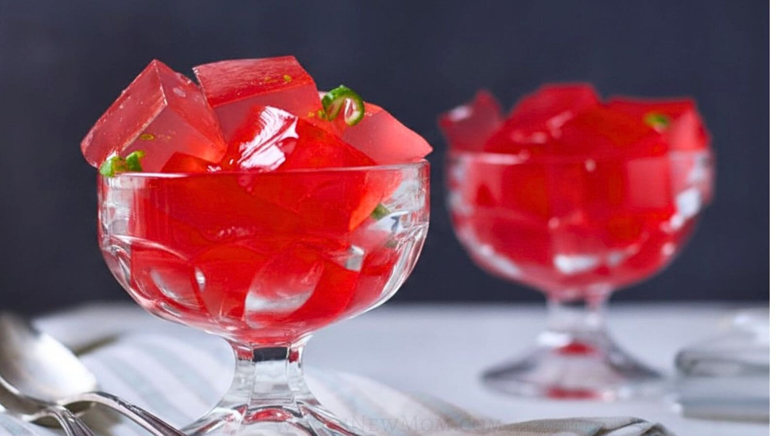 sugar free red jello in glass dessert cups.