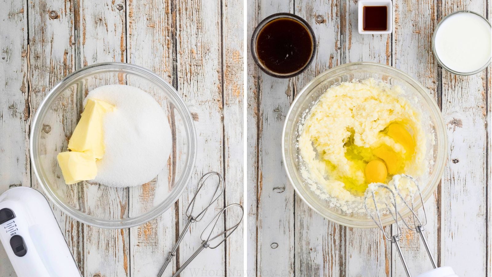 creaming butter and sweetener in glass mixing bowl and adding eggs.