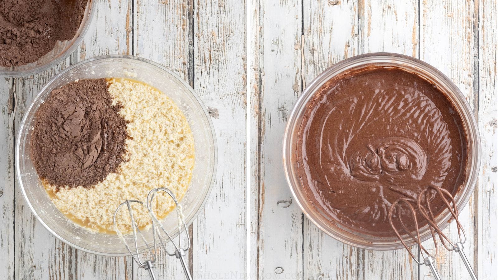 adding cocoa to wet ingredients for gluten free chocolate cupcakes and mixing.