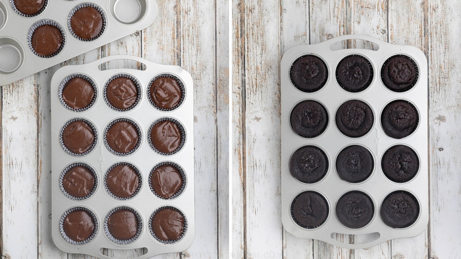 gluten free cupcake batter in muffin tin and baked cupcakes in muffin tin.