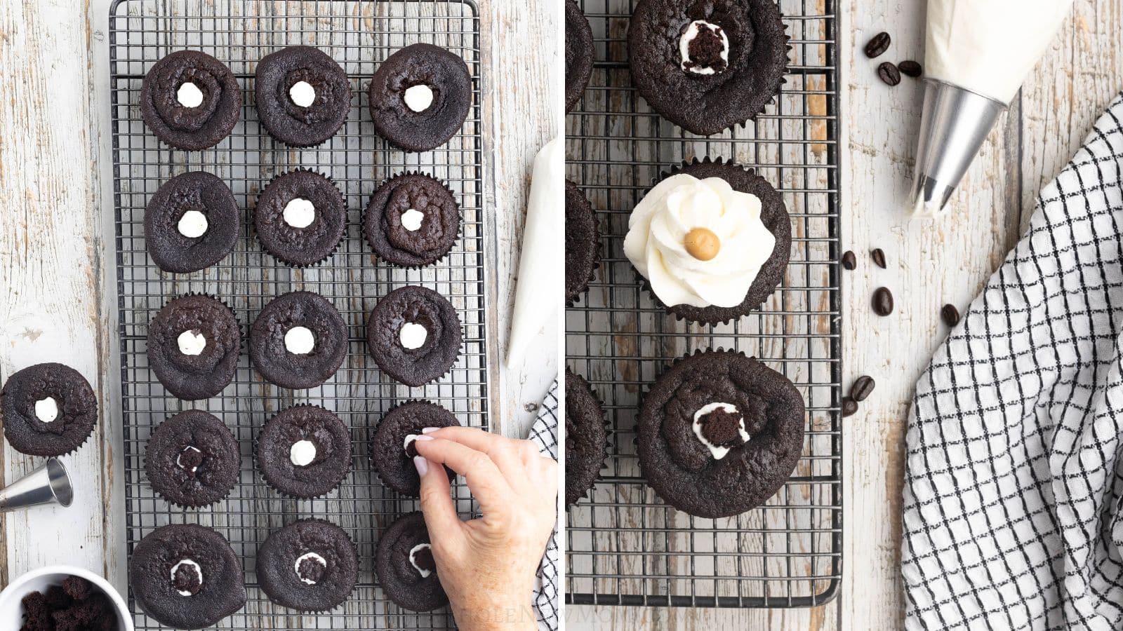 filling holes in gluten free chocolate cupcakes with whipped cream, then frosting the cupcakes.