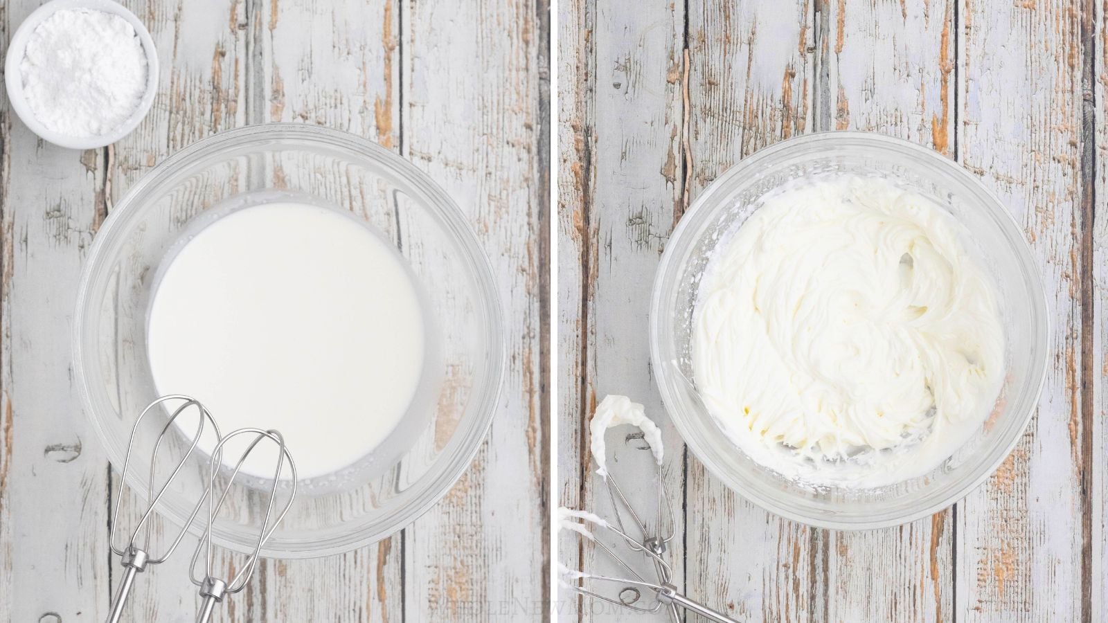 before and after of making whipped cream in glass bowl with beaters.