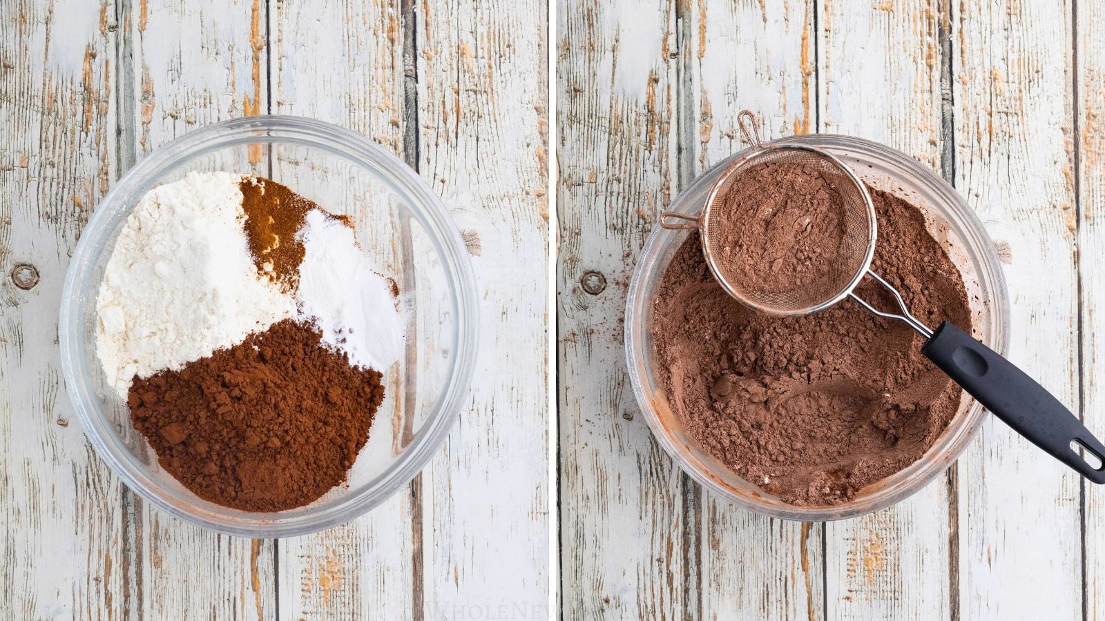 dry ingredients for gluten free chocolate cupcakes in bowl, then mixed and sifting.