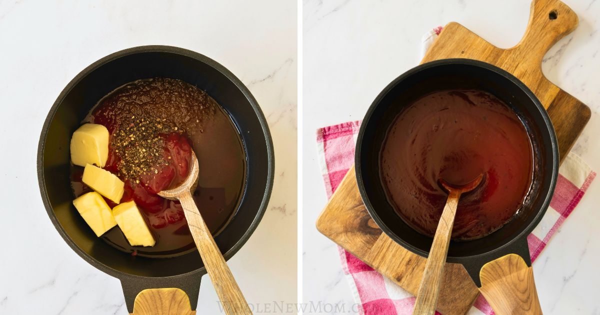 Ingredients for homemade sugar-free BBQ sauce before and after cooking.