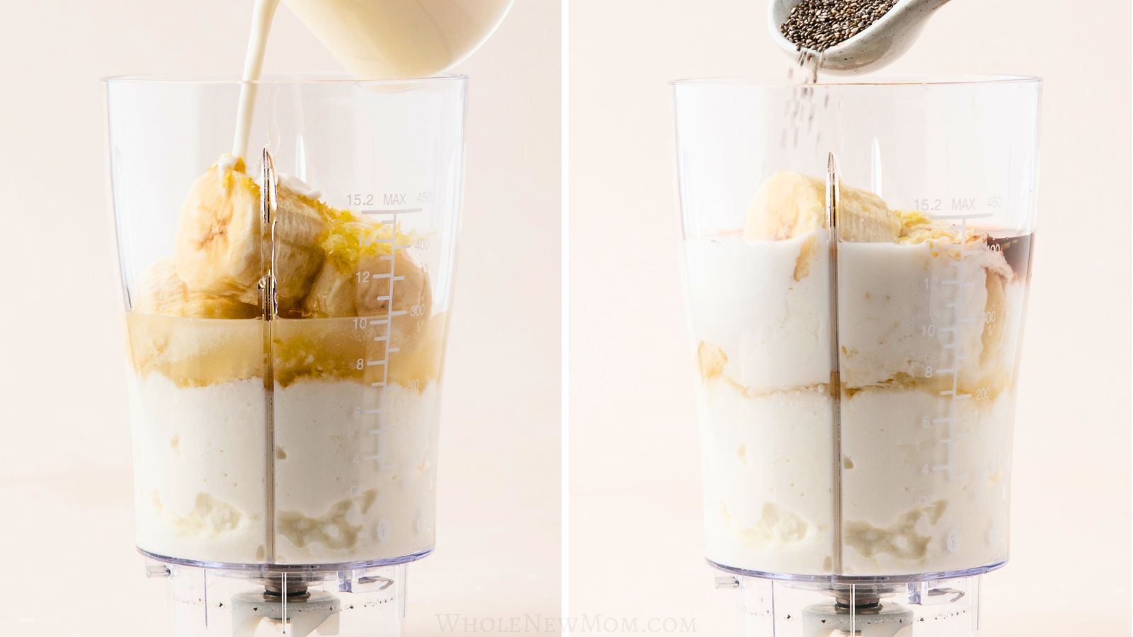 adding milk and chia seeds to lemon smoothie in blender cup.