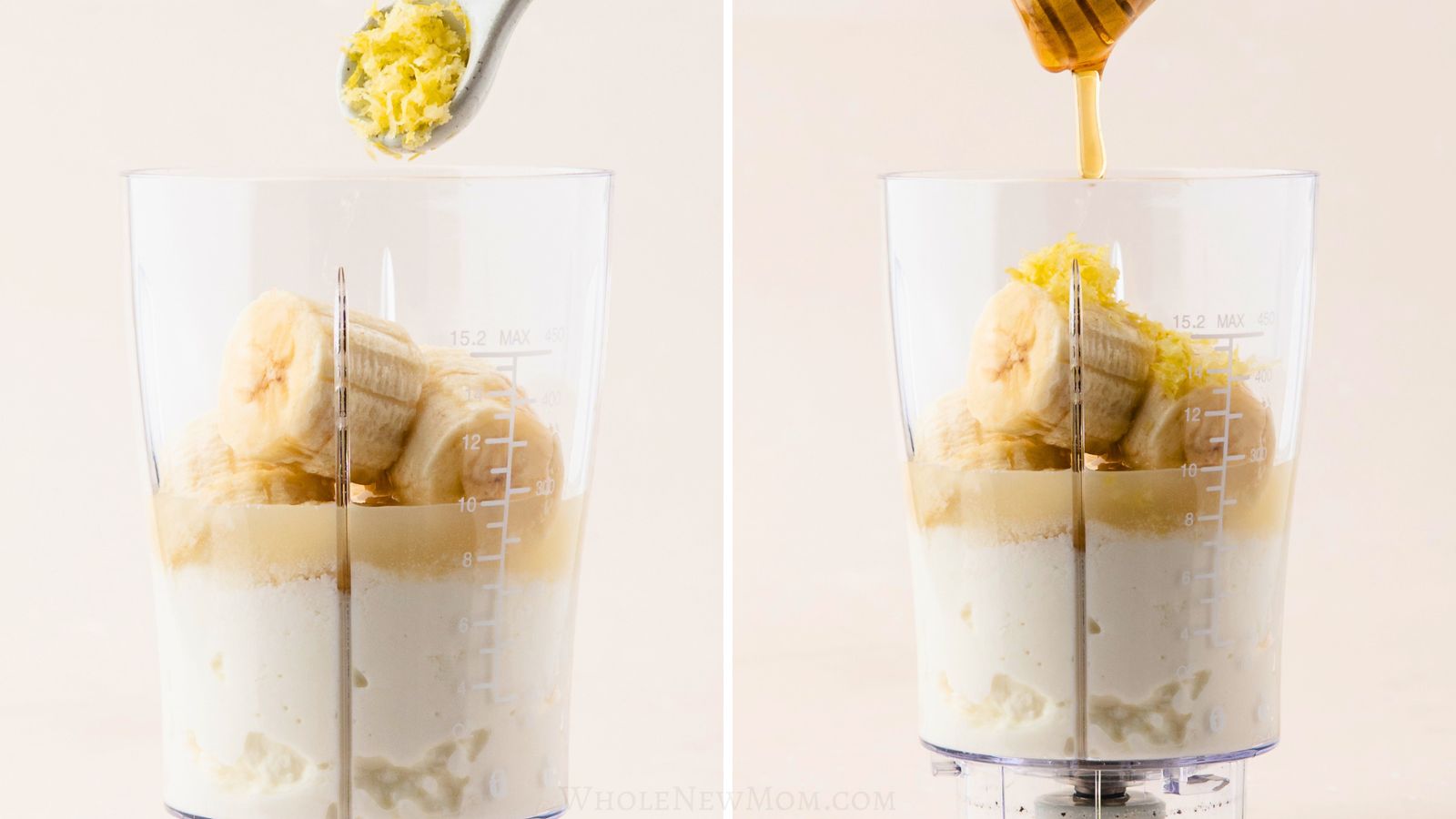 adding lemon peel and honey to lemon smoothie.