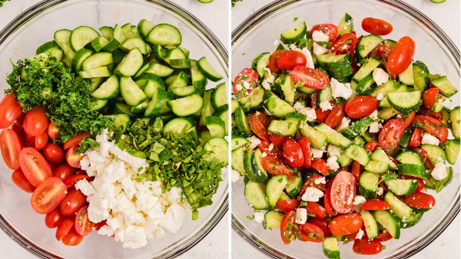 Chopped cucumbers, tomatoes, herbs, and feta cheese in a glass mixing bowl before and after mixing.