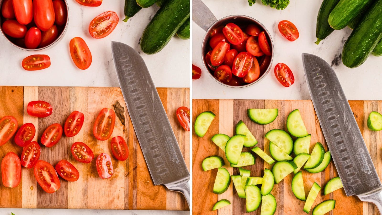 A chef's knife slicing cherry tomatoes and cucumbers on a wooden cutting board, with a small bowl of tomatoes nearby.
