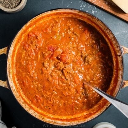 Pot of beef bolognese sauce from above.
