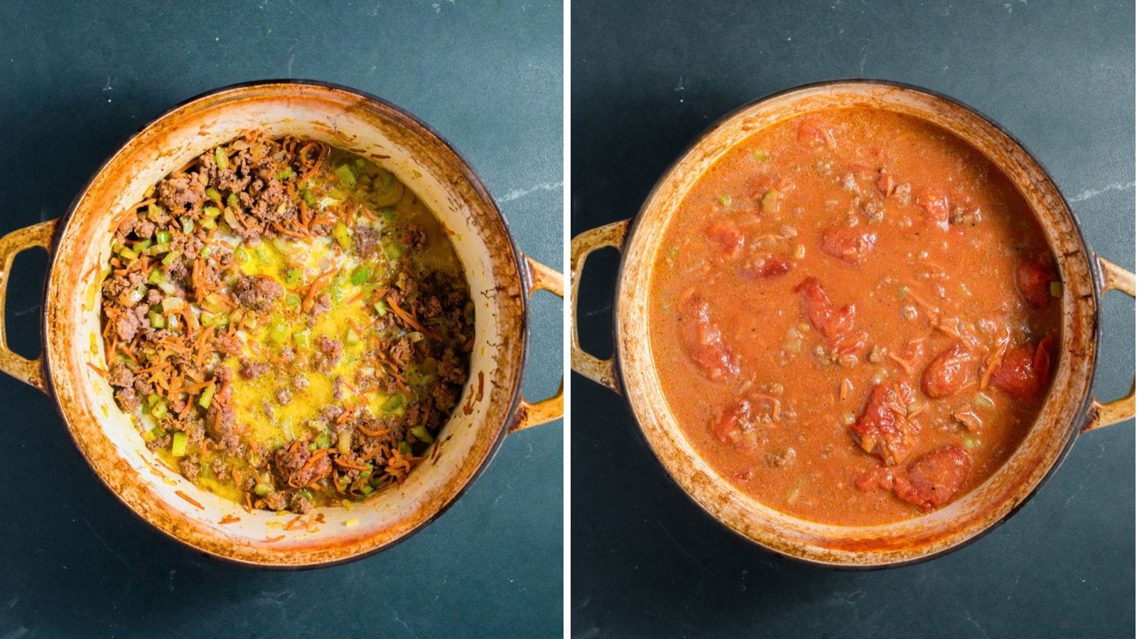 Process photos of cooking beef bolognese sauce.