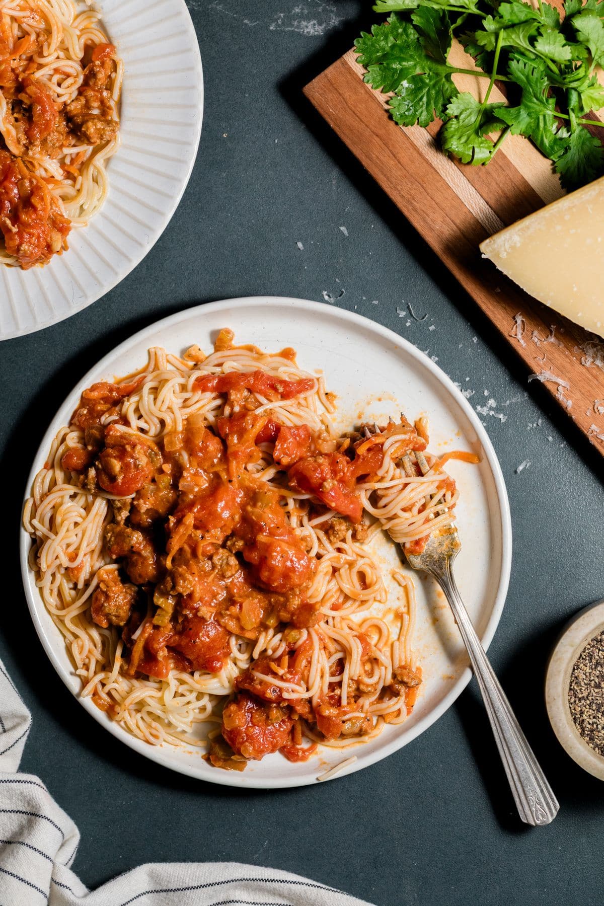 Plate of healthy beef bolognese pasta.